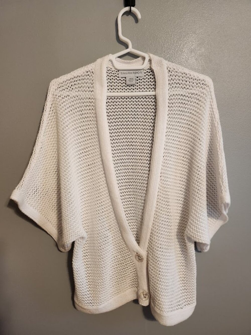 Vintage Sag Harbor White Open Knit Dolman Sleeve Cardigan Size Large